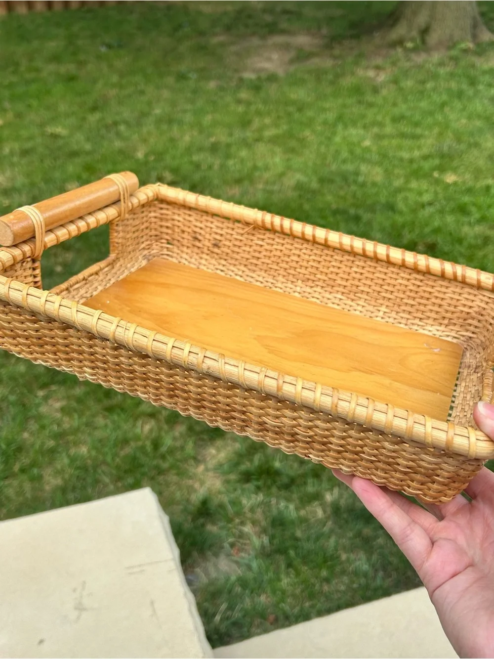 Woven Wicker Tray with Wood Base and Handles